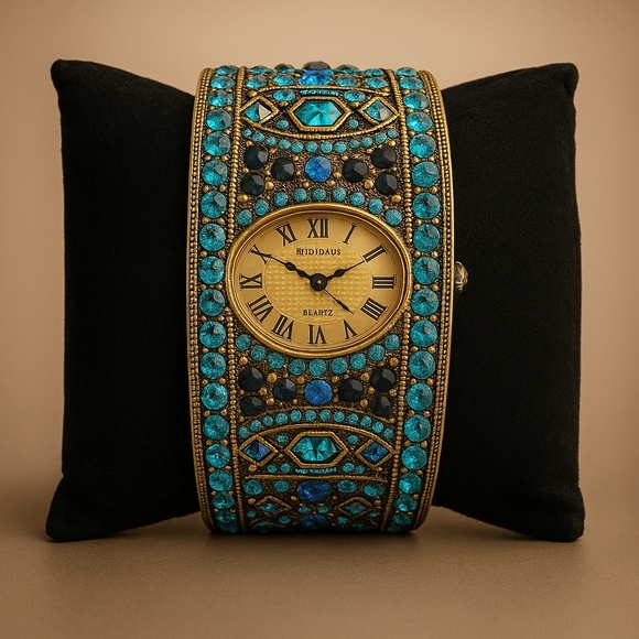 Heidi Daus Jewelry - 🦋Heidi Daus Teal Crystal Cuff Watch – Art Deco Vintage Glamour